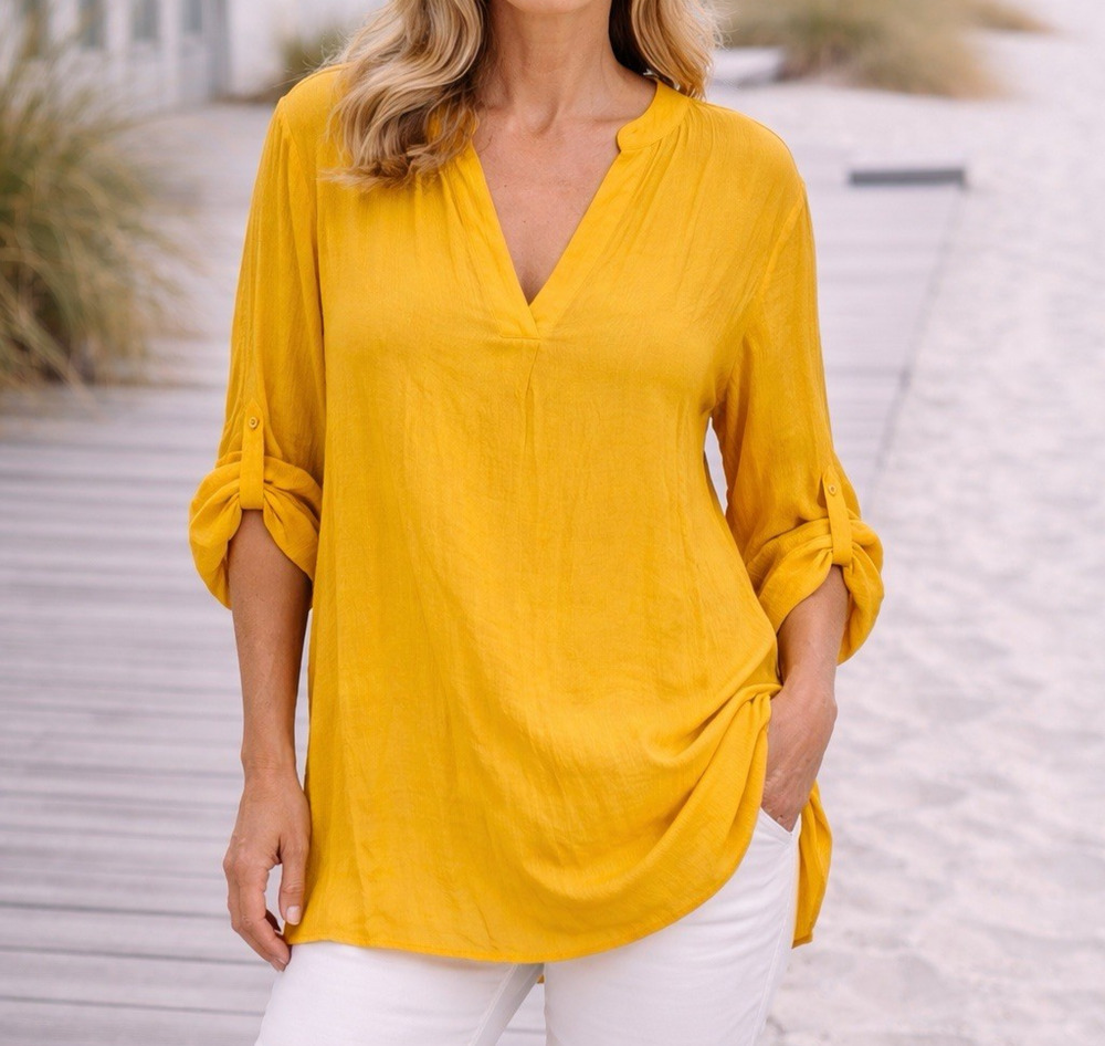 Monroe & Main 2X Tunic Yellow Crepe High Low Hem Roll Tab Sleeve V Neck NWT